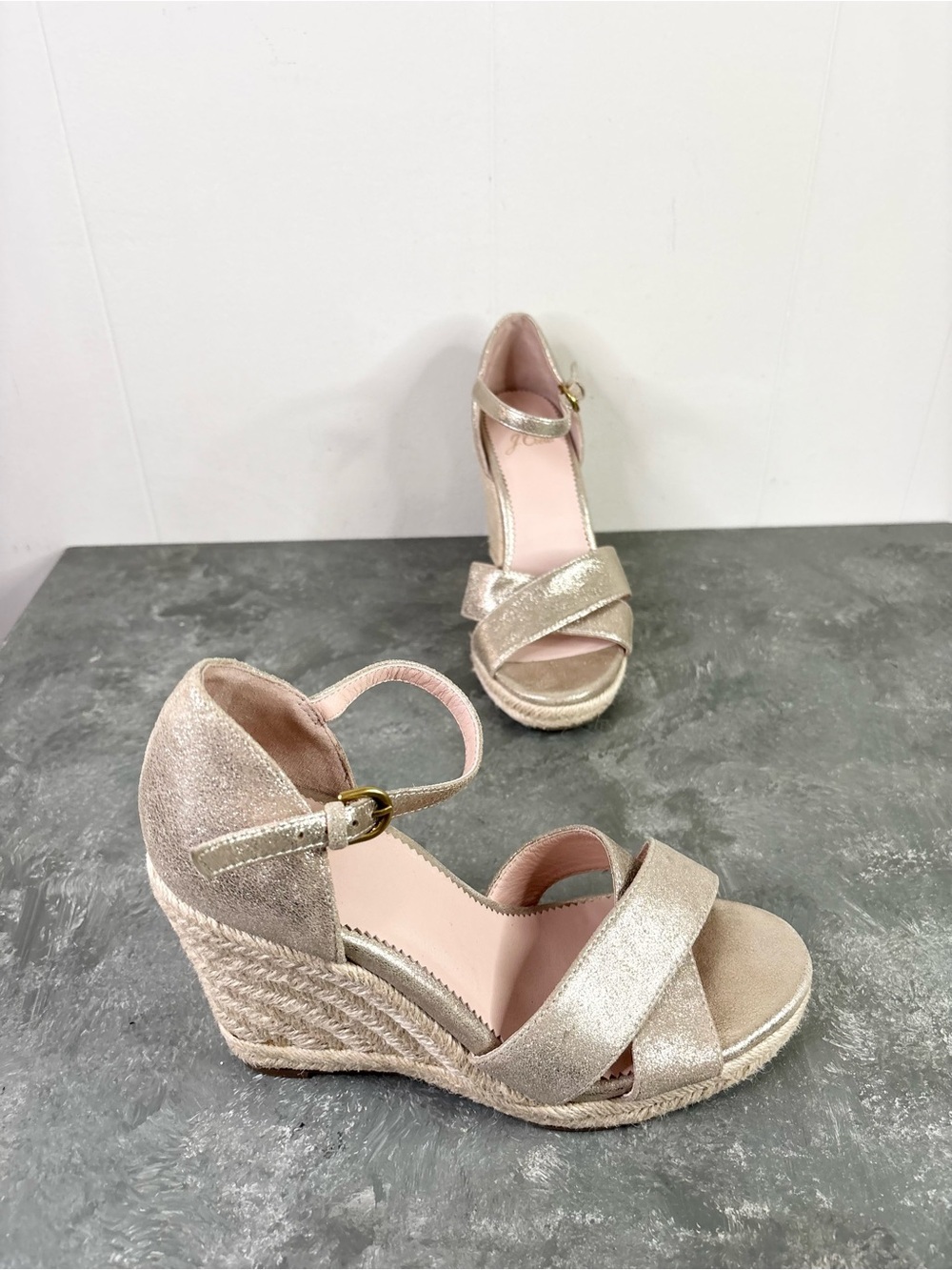 J.Crew Metallic Leather Jute Wedge Sandals champagne gold size 6 j crew - Picture 3 of 9